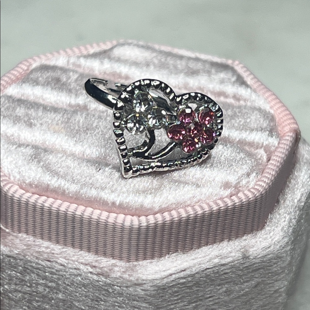 Silver and Pink Crystal Adjustable Ring
